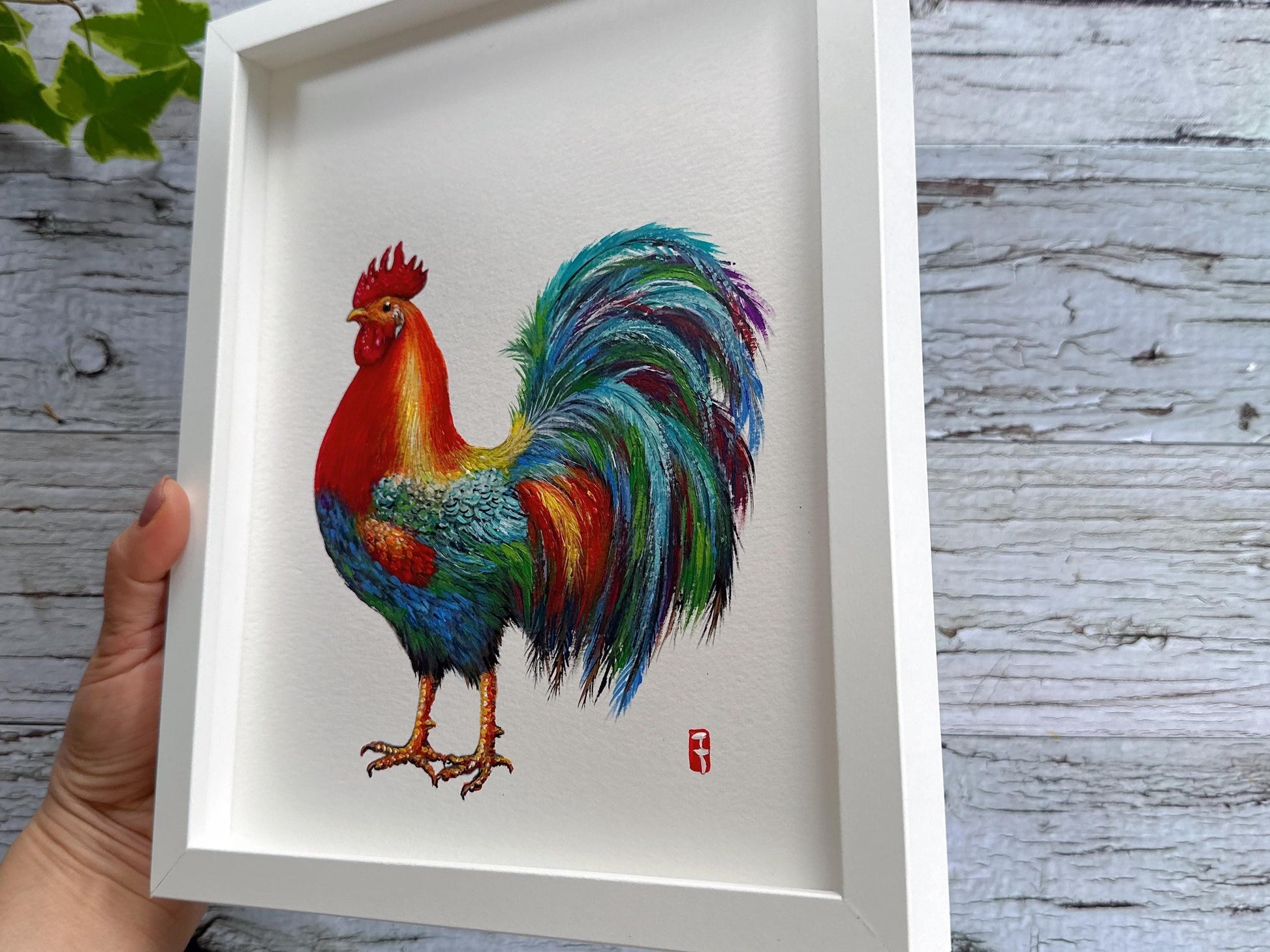 Original Framed Rainbow Rooster Painting, Colorful Farmhouse Wall Art Ready to Hang, Kitchen Decor