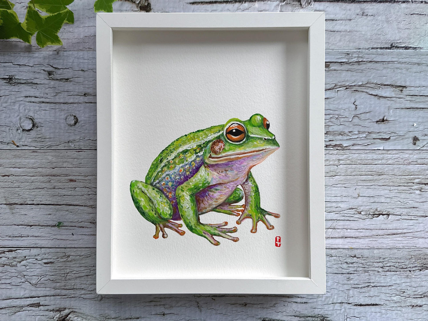 Original Framed Frog Painting, Hand Painted Wildlife Art, Green Tree Frog Wall Decor, Nature Lover Gift