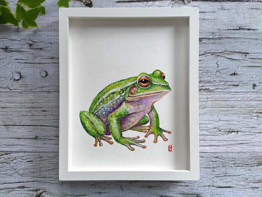 Original Framed Frog Painting, Hand Painted Wildlife Art, Green Tree Frog Wall Decor, Nature Lover Gift