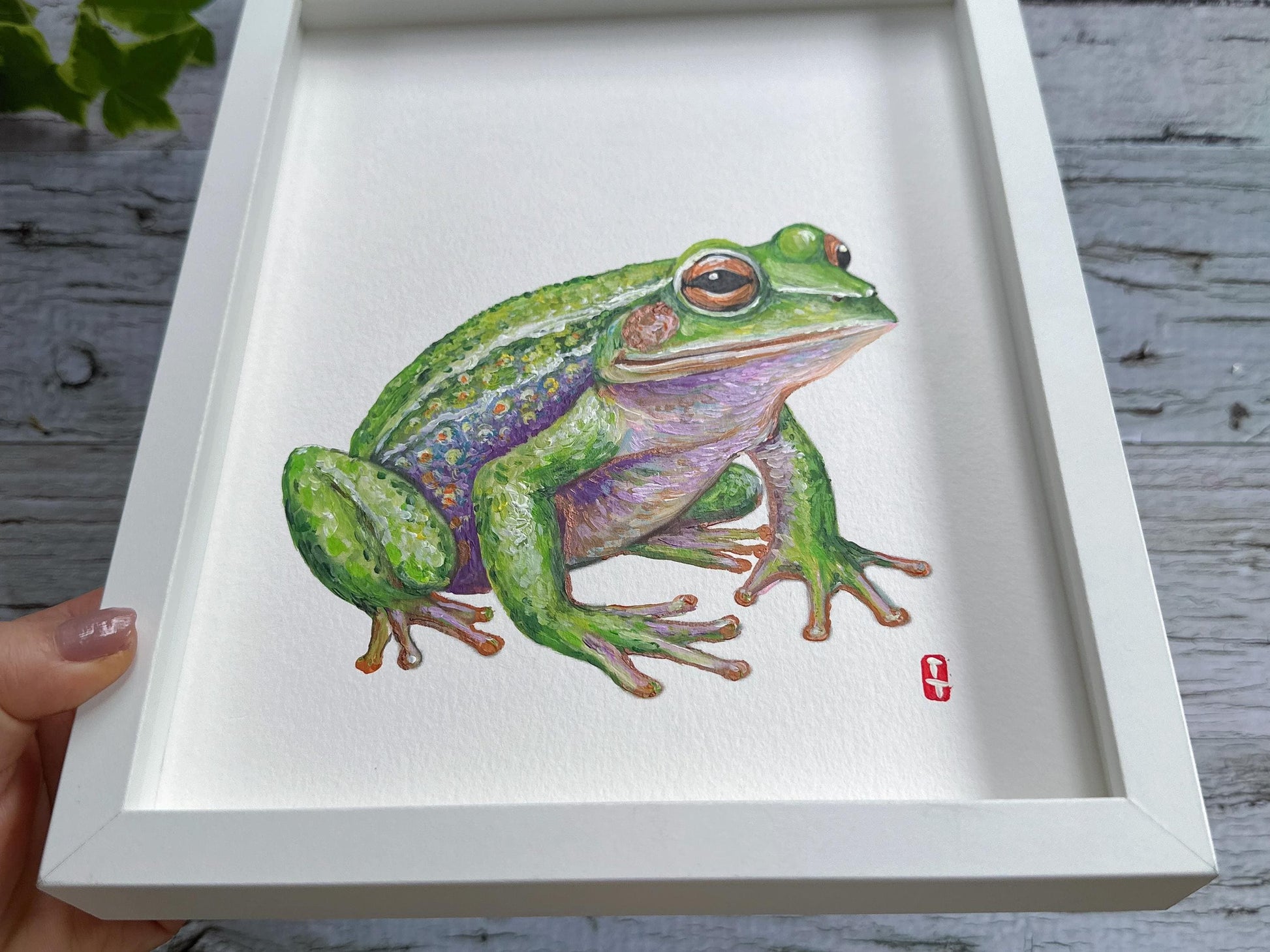 Original Framed Frog Painting, Hand Painted Wildlife Art, Green Tree Frog Wall Decor, Nature Lover Gift