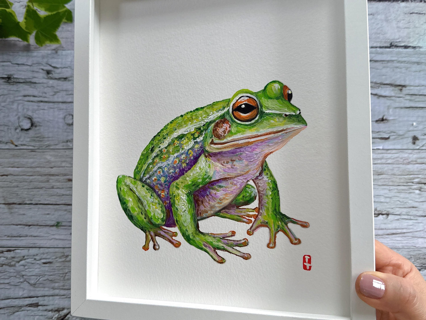 Original Framed Frog Painting, Hand Painted Wildlife Art, Green Tree Frog Wall Decor, Nature Lover Gift