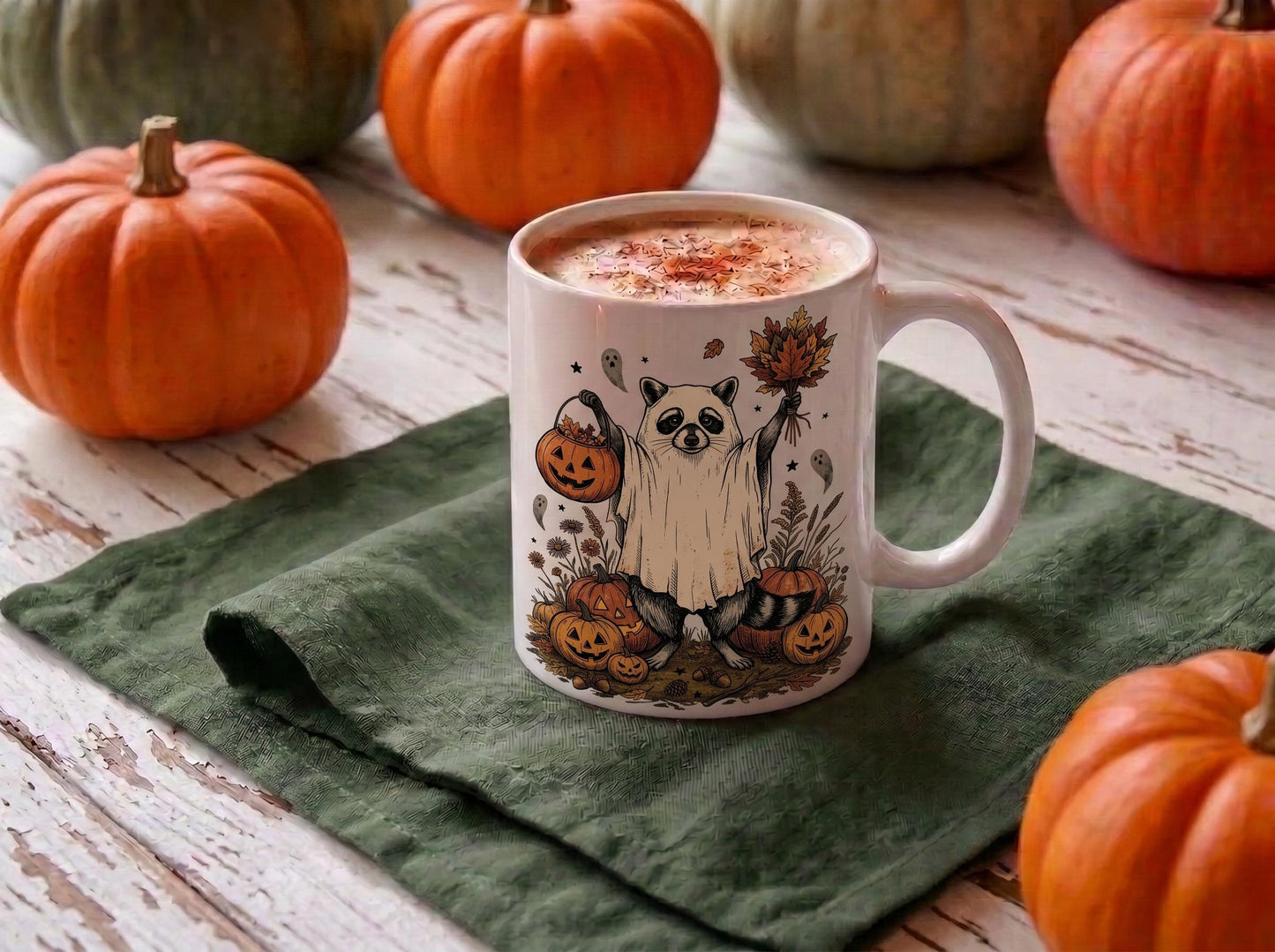 Personalized Halloween Raccoon Mug, Custom Name Fall Coffee Cup, Ghost Raccoon Gift, Autumn Pumpkin Mug