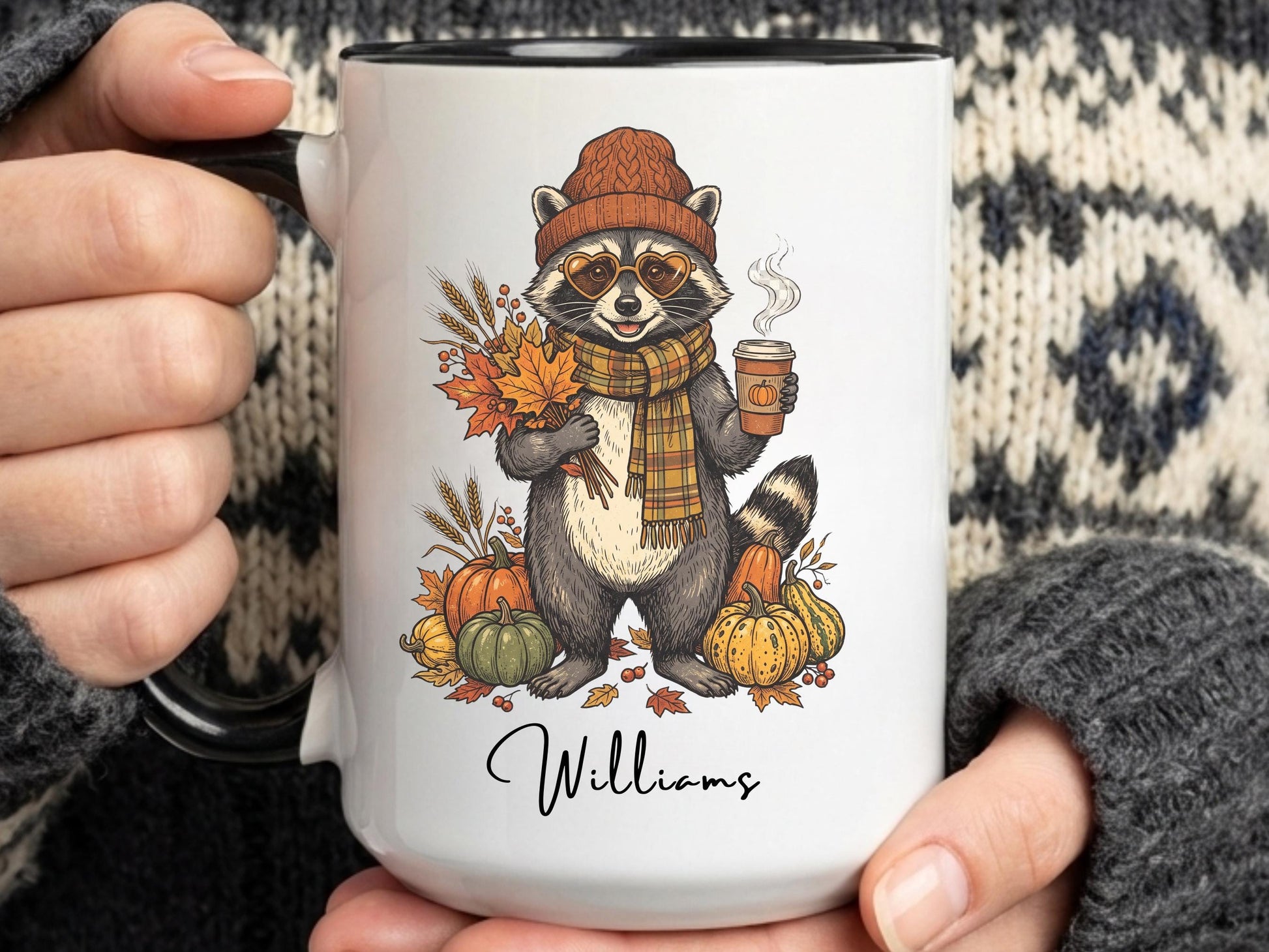 Fall Raccoon Mug, Cozy Coffee Cup, Autumn Animal Gift, Pumpkin Season Mug, Gift for Coffee Lover