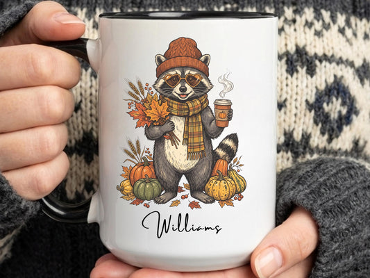 Fall Raccoon Mug, Cozy Coffee Cup, Autumn Animal Gift, Pumpkin Season Mug, Gift for Coffee Lover