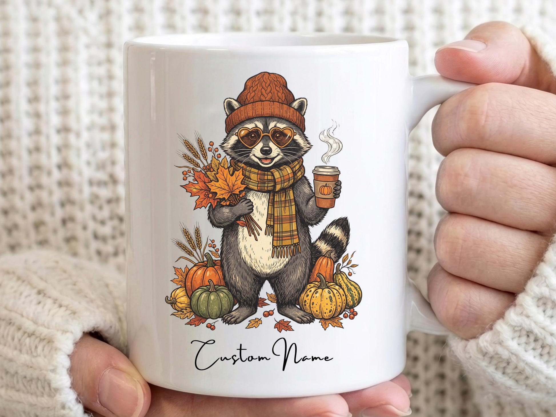 Fall Raccoon Mug, Cozy Coffee Cup, Autumn Animal Gift, Pumpkin Season Mug, Gift for Coffee Lover