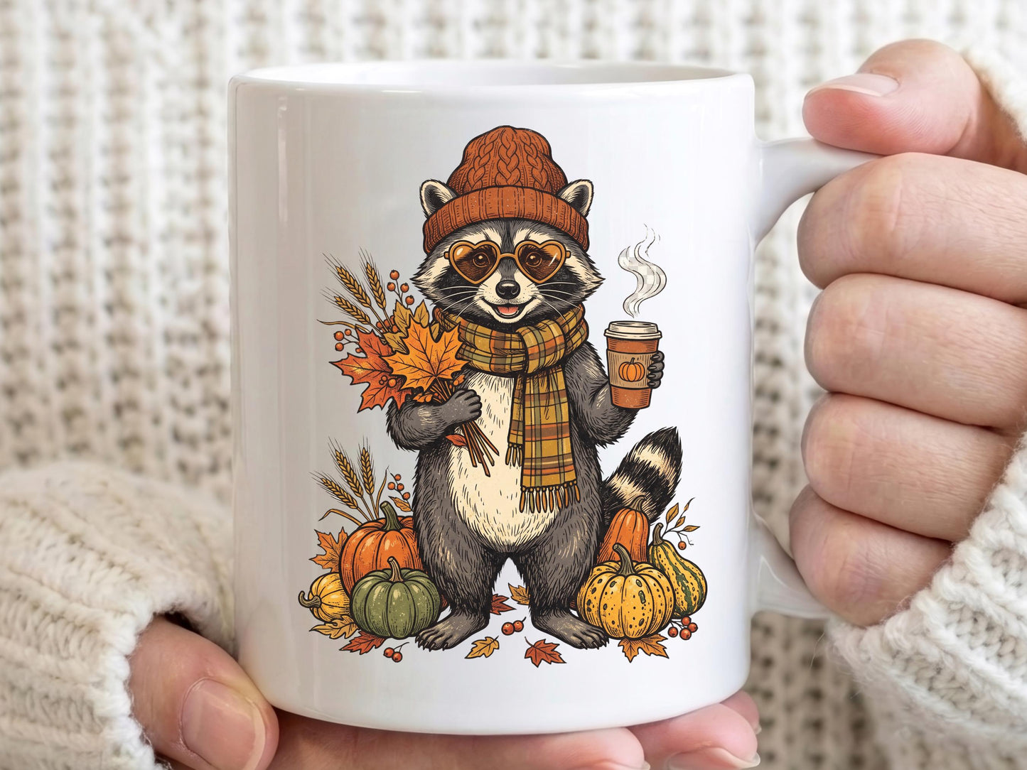 Fall Raccoon Mug, Cozy Coffee Cup, Autumn Animal Gift, Pumpkin Season Mug, Gift for Coffee Lover