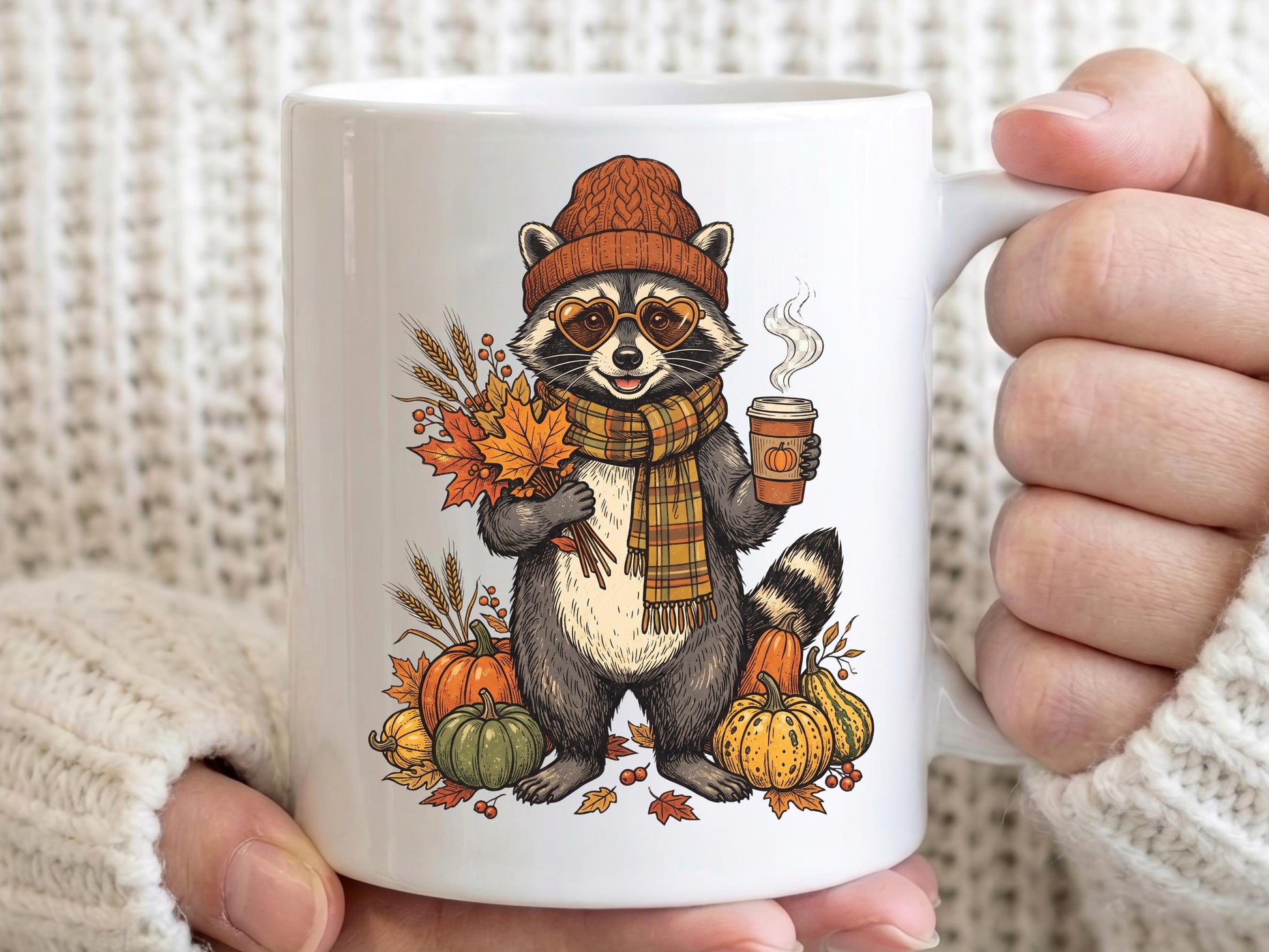 Fall Raccoon Mug, Cozy Coffee Cup, Autumn Animal Gift, Pumpkin Season Mug, Gift for Coffee Lover