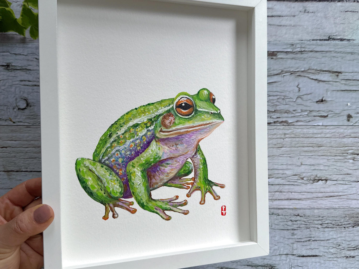 Original Framed Frog Painting, Hand Painted Wildlife Art, Green Tree Frog Wall Decor, Nature Lover Gift