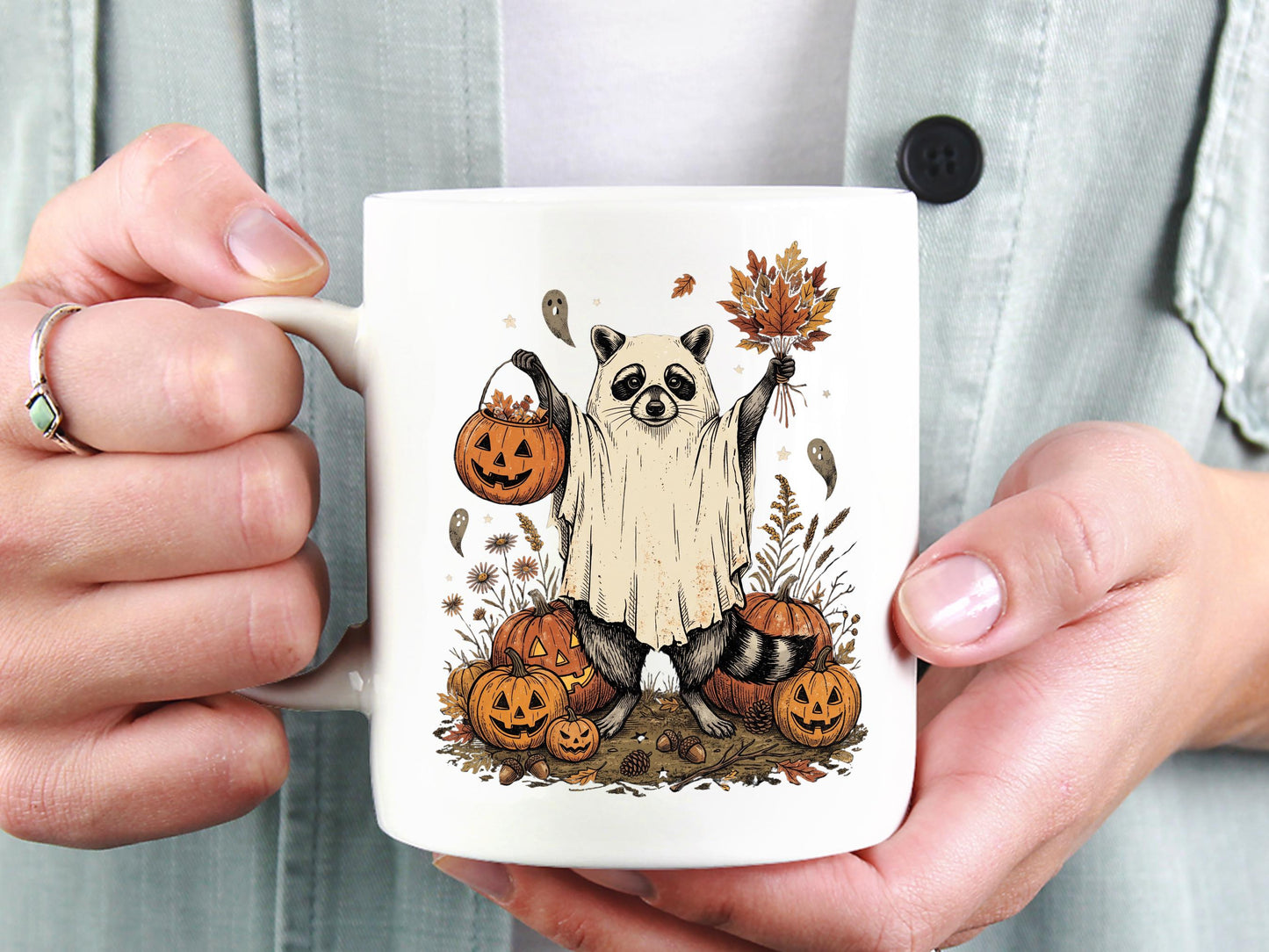 Personalized Halloween Raccoon Mug, Custom Name Fall Coffee Cup, Ghost Raccoon Gift, Autumn Pumpkin Mug