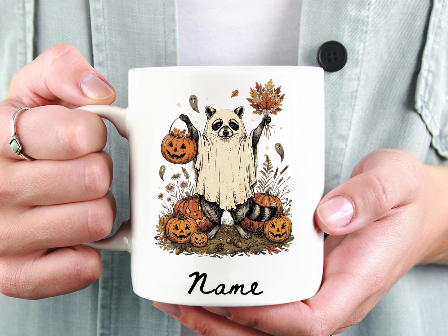 Personalized Halloween Raccoon Mug, Custom Name Fall Coffee Cup, Ghost Raccoon Gift, Autumn Pumpkin Mug