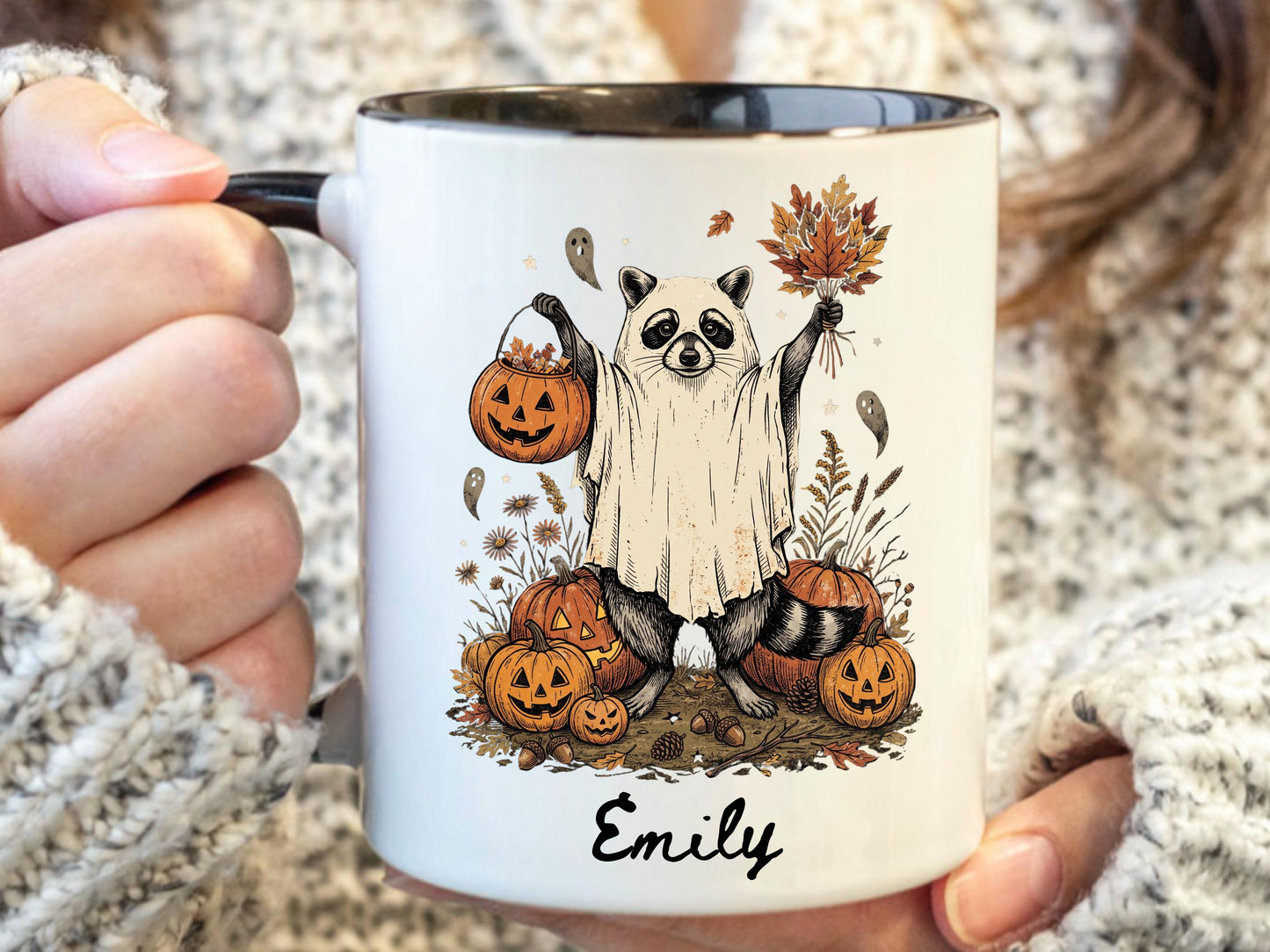 Personalized Halloween Raccoon Mug, Custom Name Fall Coffee Cup, Ghost Raccoon Gift, Autumn Pumpkin Mug