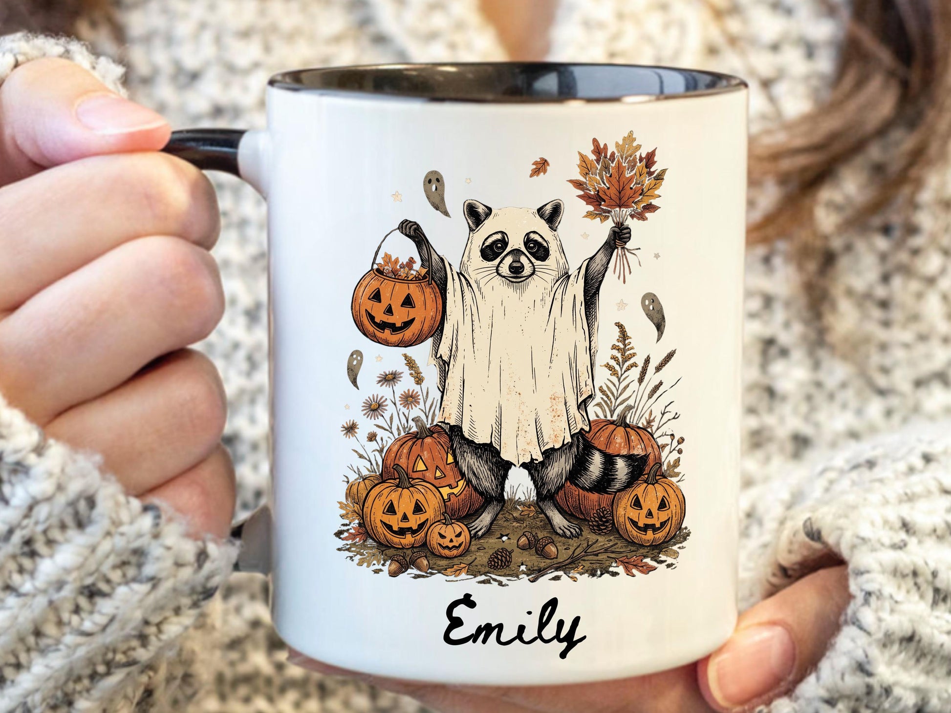 Personalized Halloween Raccoon Mug, Custom Name Fall Coffee Cup, Ghost Raccoon Gift, Autumn Pumpkin Mug