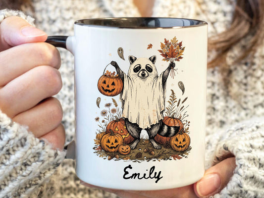 Personalized Halloween Raccoon Mug, Custom Name Fall Coffee Cup, Ghost Raccoon Gift, Autumn Pumpkin Mug