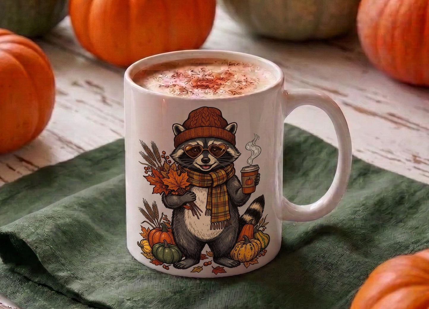 Fall Raccoon Mug, Cozy Coffee Cup, Autumn Animal Gift, Pumpkin Season Mug, Gift for Coffee Lover