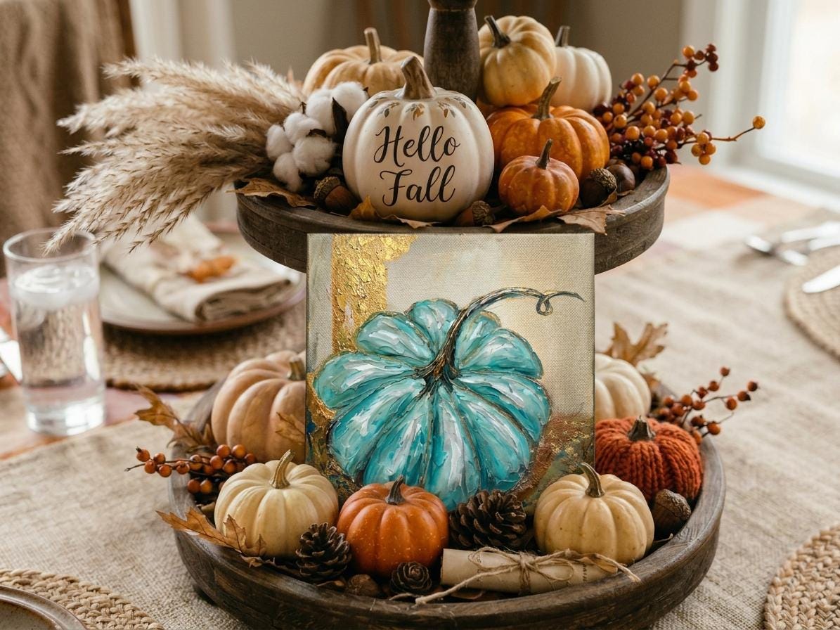 Teal Pumpkin Painting with Gold Leaf, 6x6" Canvas