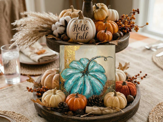 Teal Pumpkin Painting with Gold Leaf, 6x6" Canvas