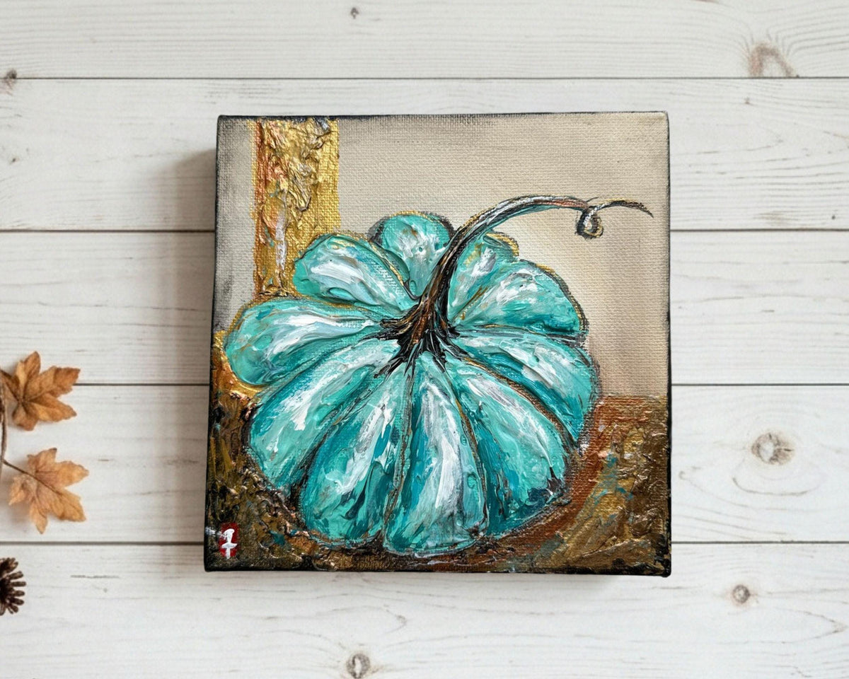 Teal Pumpkin Painting with Gold Leaf, 6x6" Canvas
