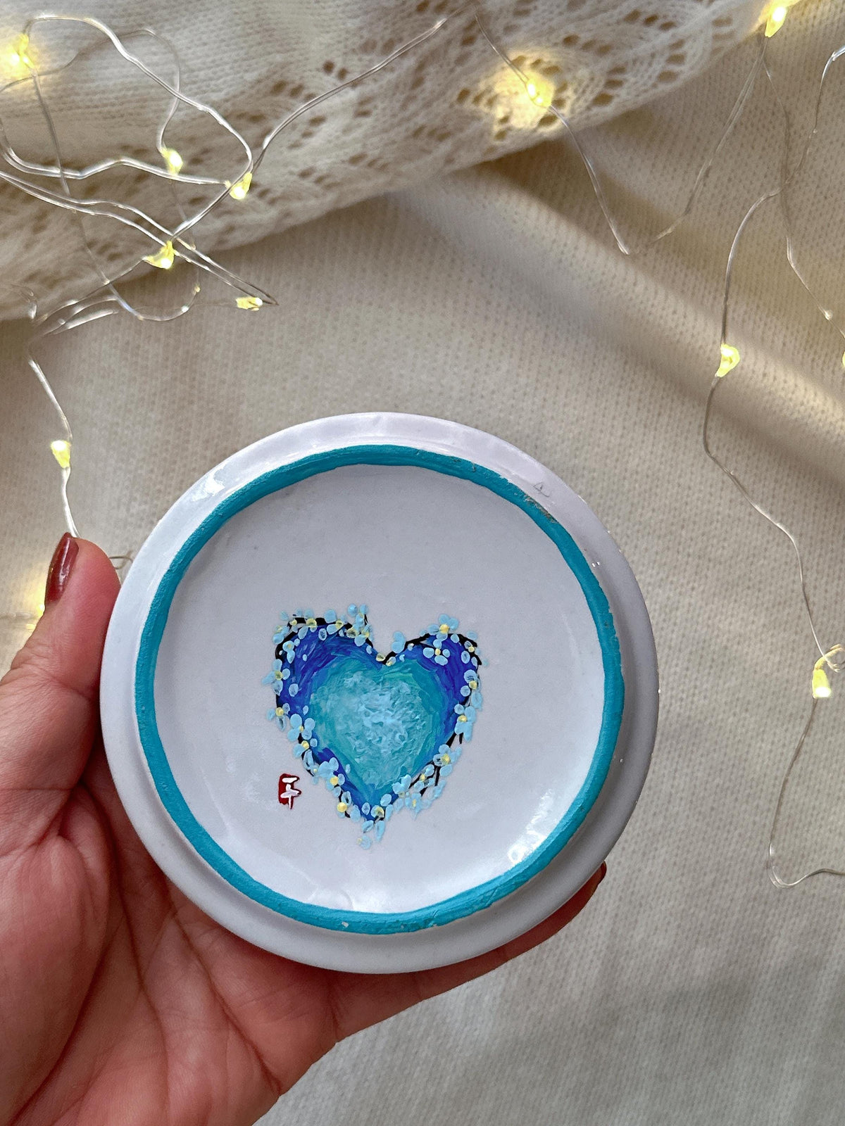 Love Birds Ring Dish with Blue Blossom Tree, Christmas Gift for Couples