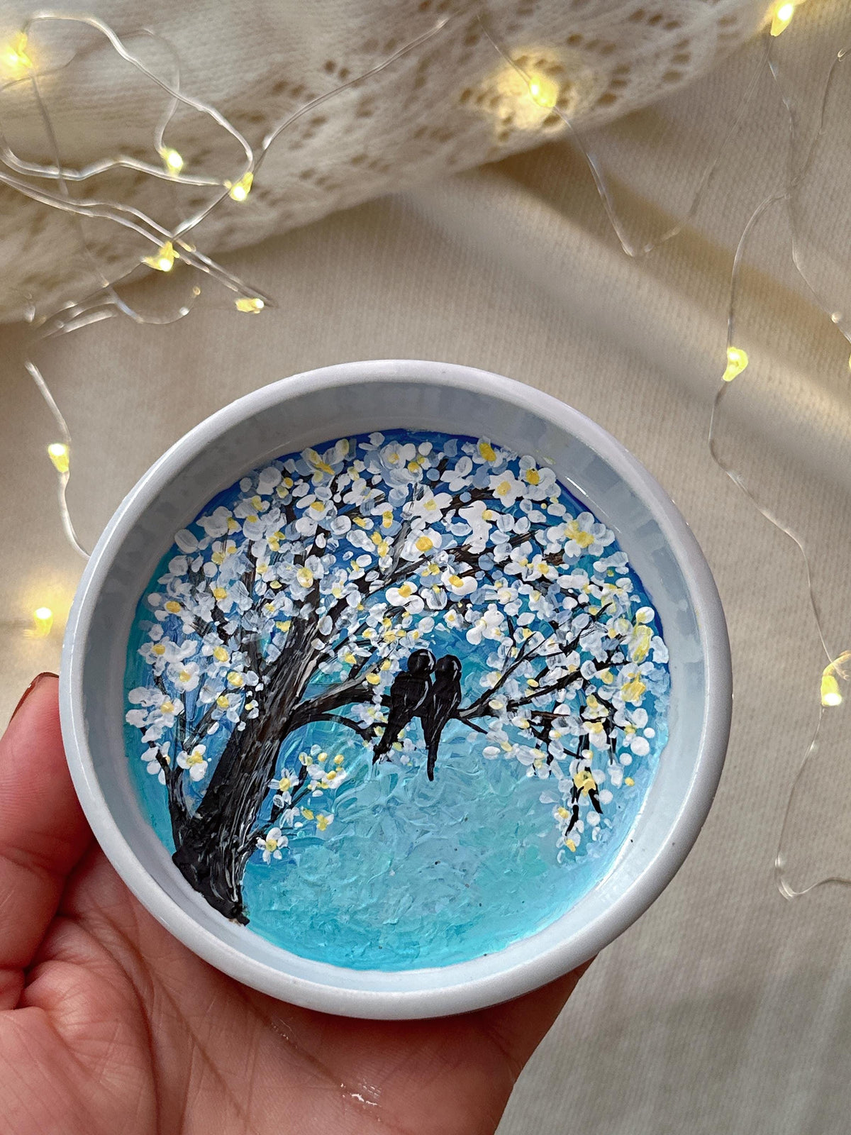 Love Birds Ring Dish with Blue Blossom Tree, Christmas Gift for Couples