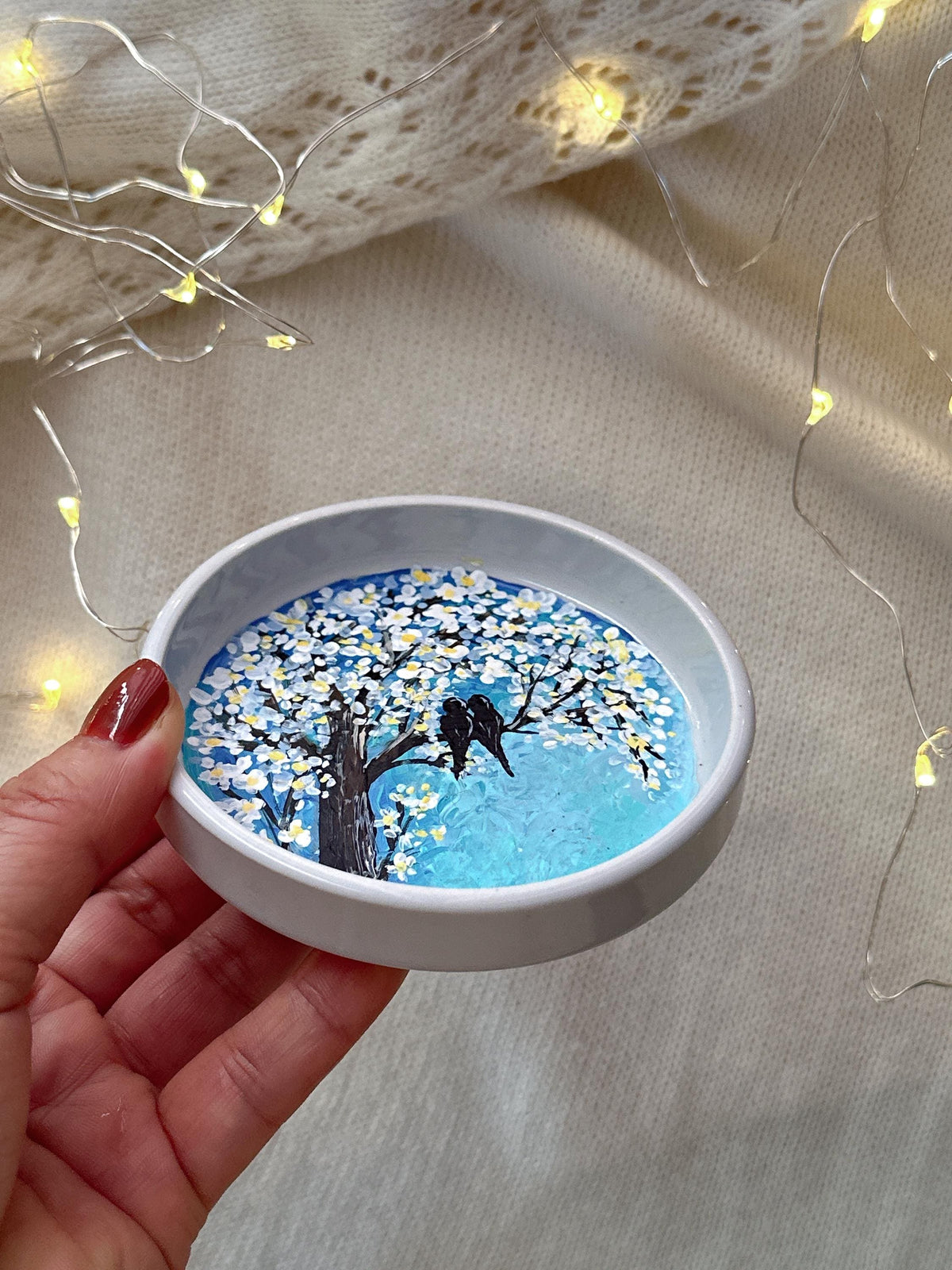 Love Birds Ring Dish with Blue Blossom Tree, Christmas Gift for Couples