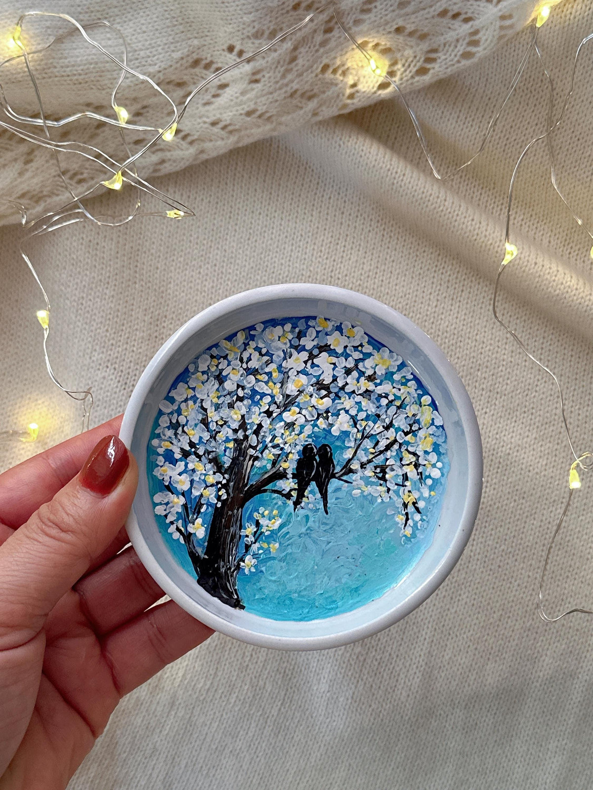 Love Birds Ring Dish with Blue Blossom Tree, Christmas Gift for Couples
