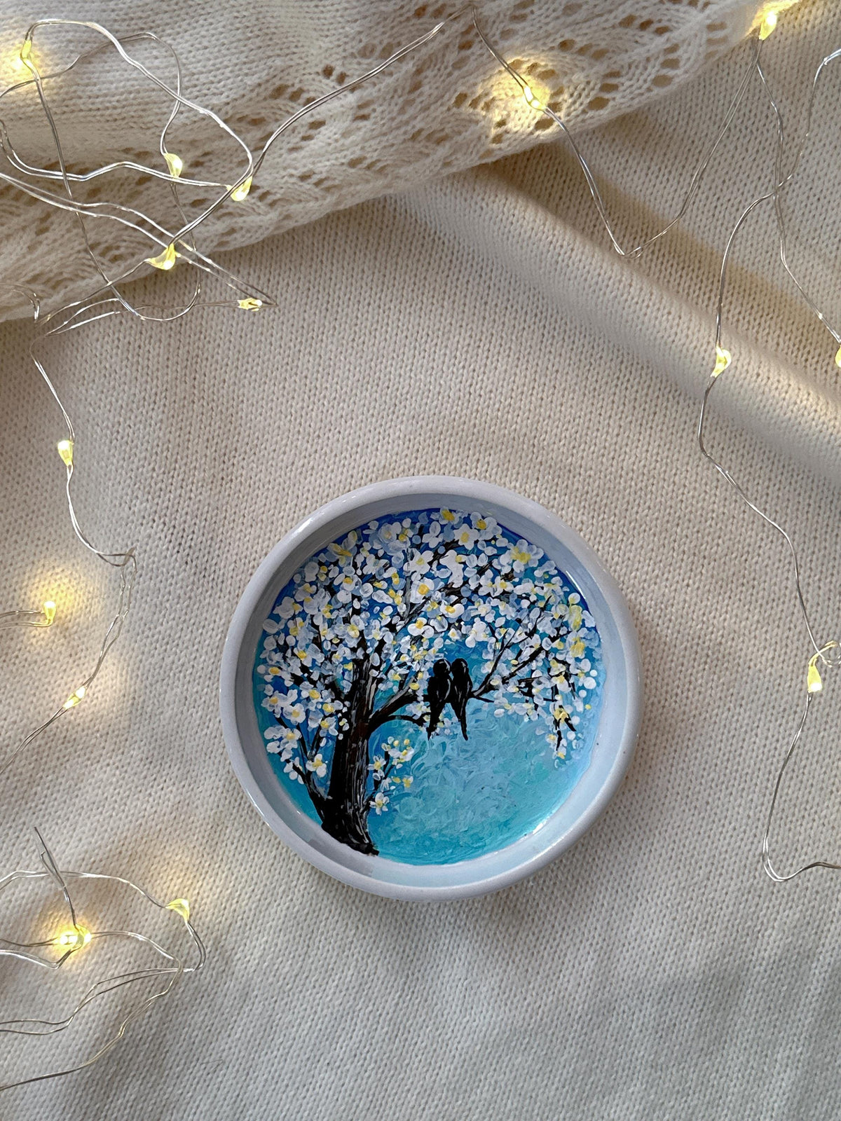 Love Birds Ring Dish with Blue Blossom Tree, Christmas Gift for Couples