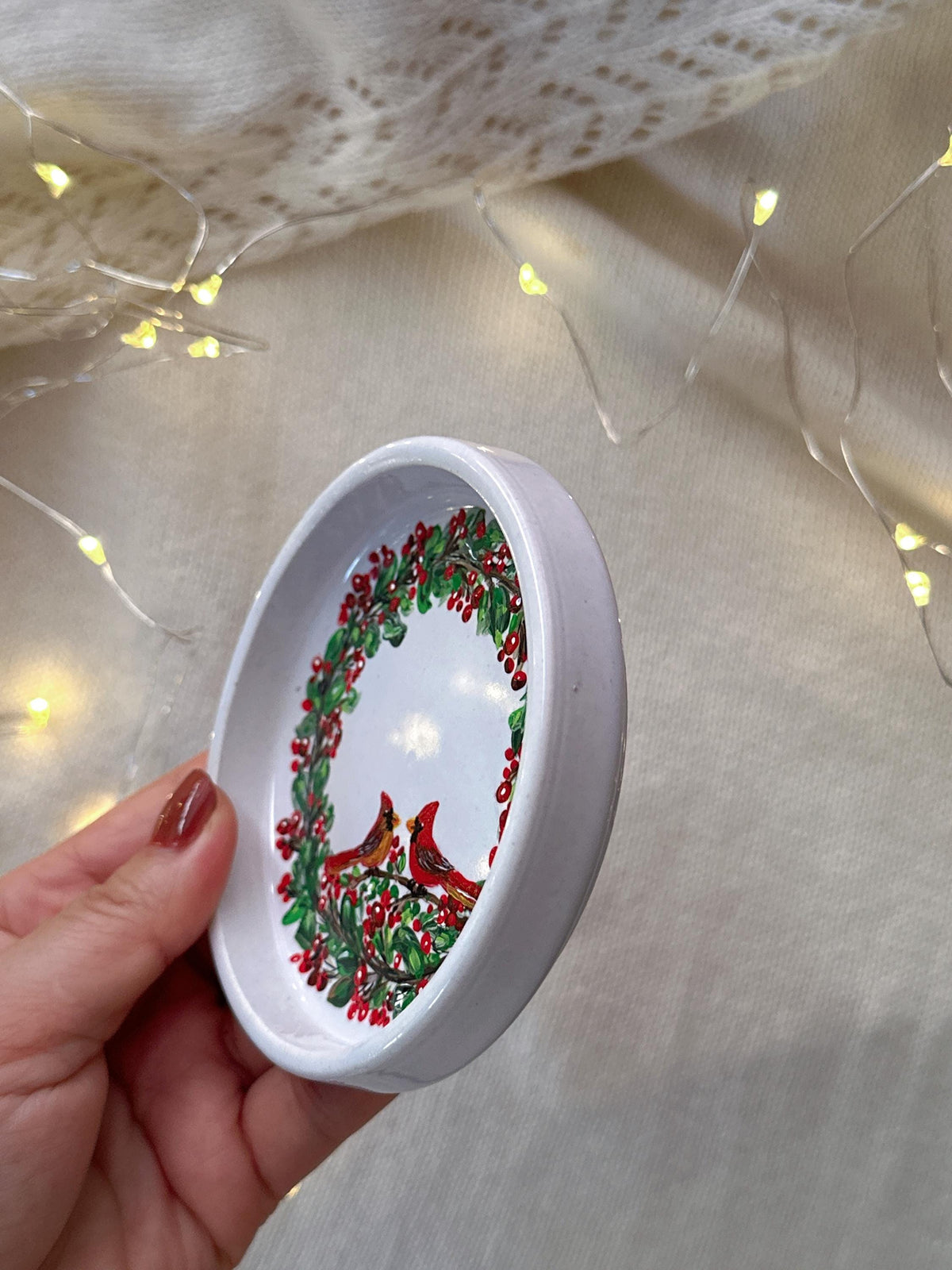 Cardinal Wreath Ring Dish, Christmas Gift for Newlyweds, Names and Date