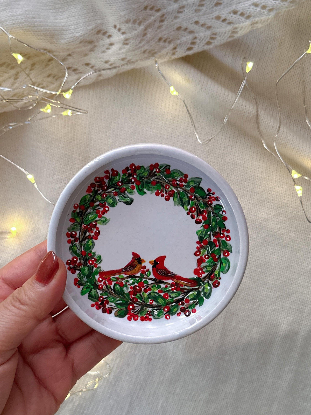Cardinal Wreath Ring Dish, Christmas Gift for Newlyweds, Names and Date