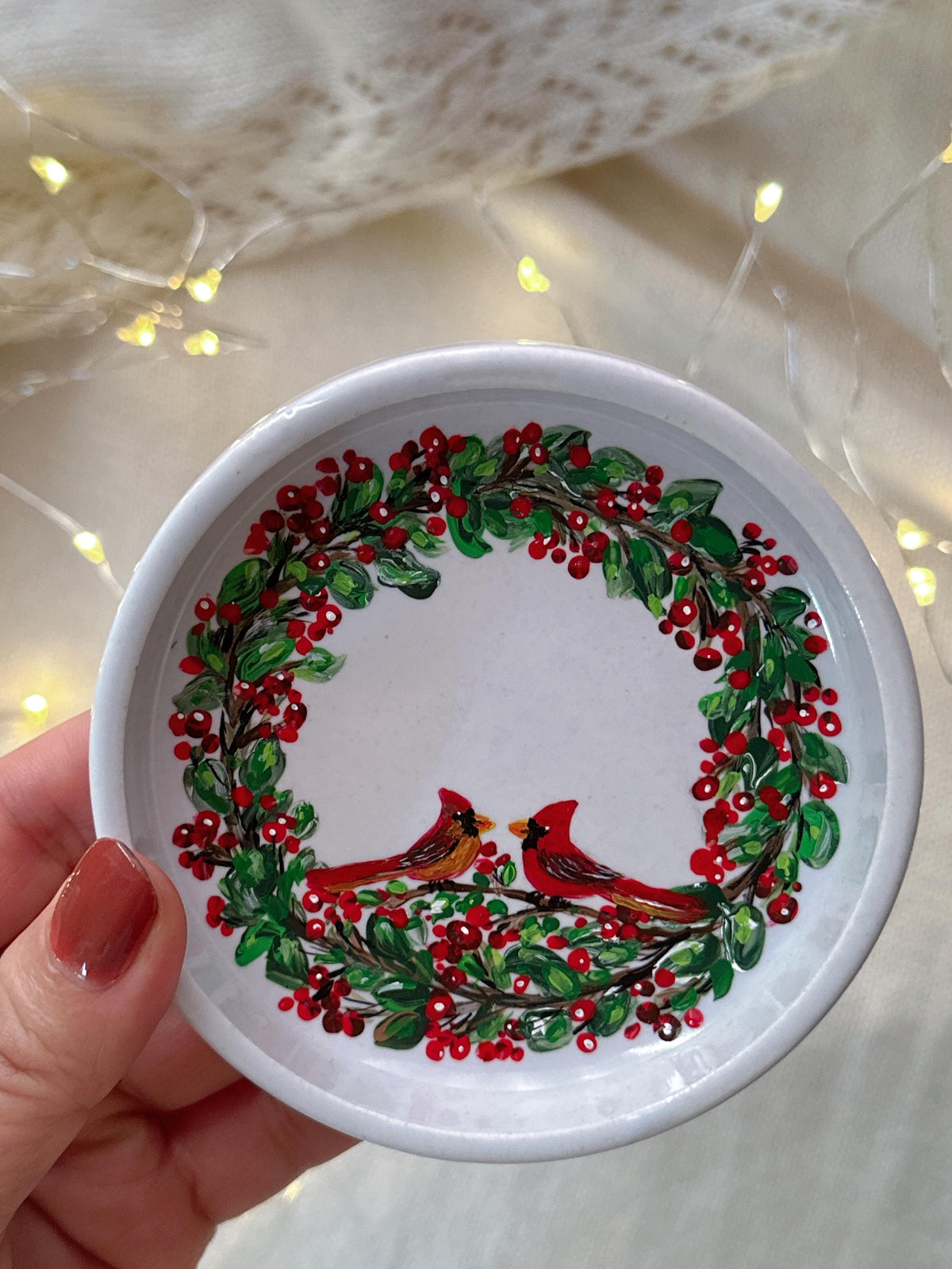 Cardinal Wreath Ring Dish, Christmas Gift for Newlyweds, Names and Date
