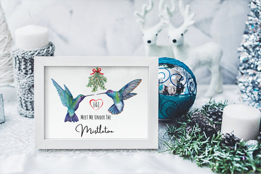 Meet Me Under the Mistletoe hummingbird couple print, personalized Christmas gift
