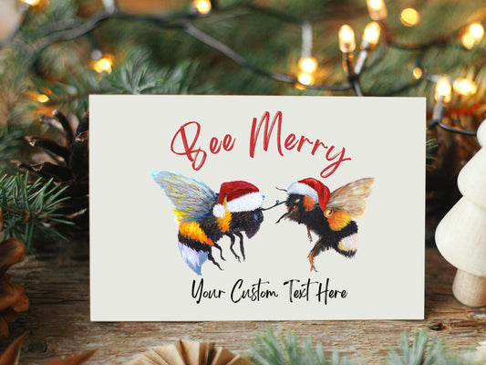 Personalized Bee Merry Christmas card with watercolor bee couple in Santa hats