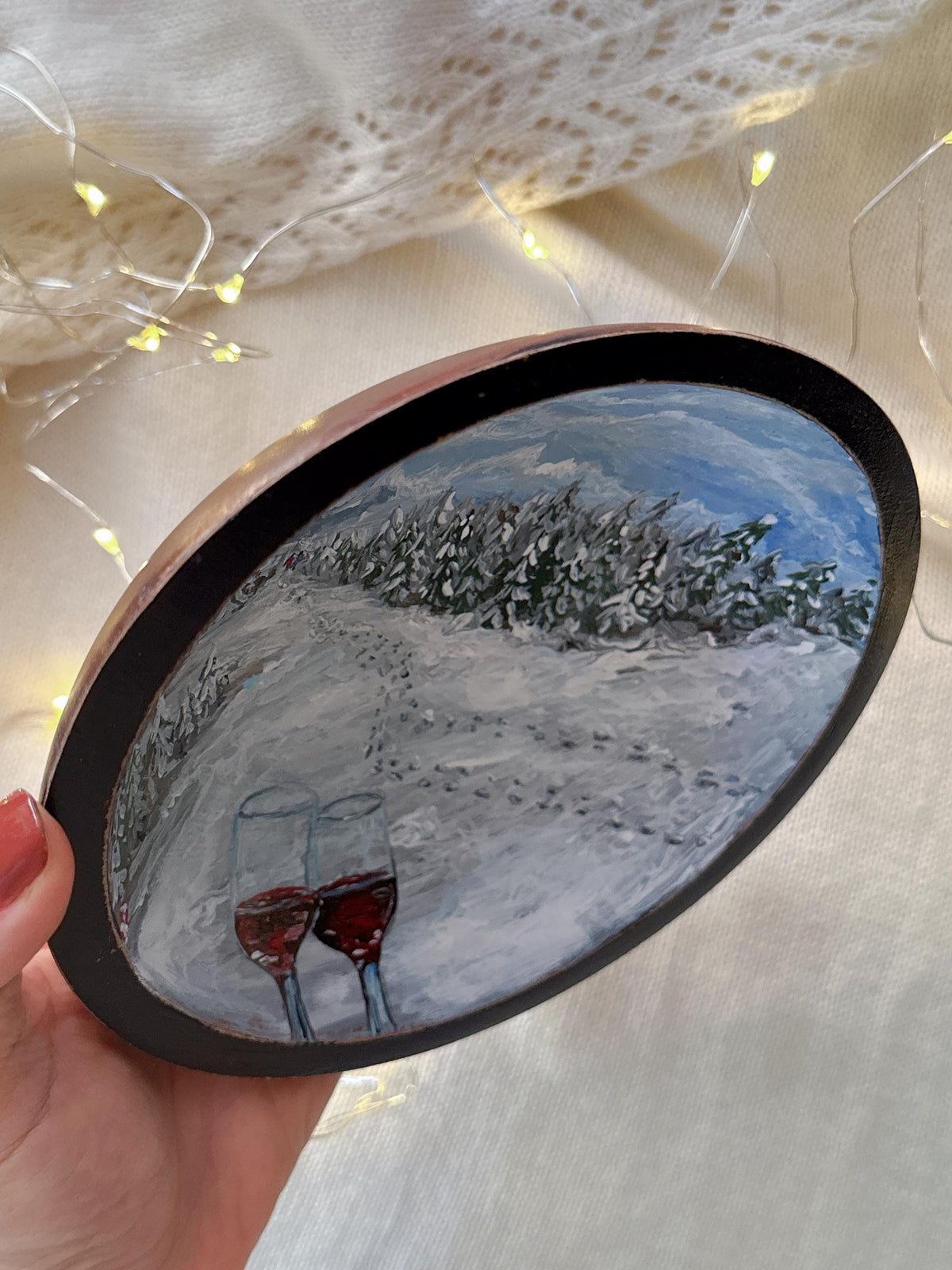 Wooden Ring Dish with Winter Mountain Scene, Christmas Gift for Couples