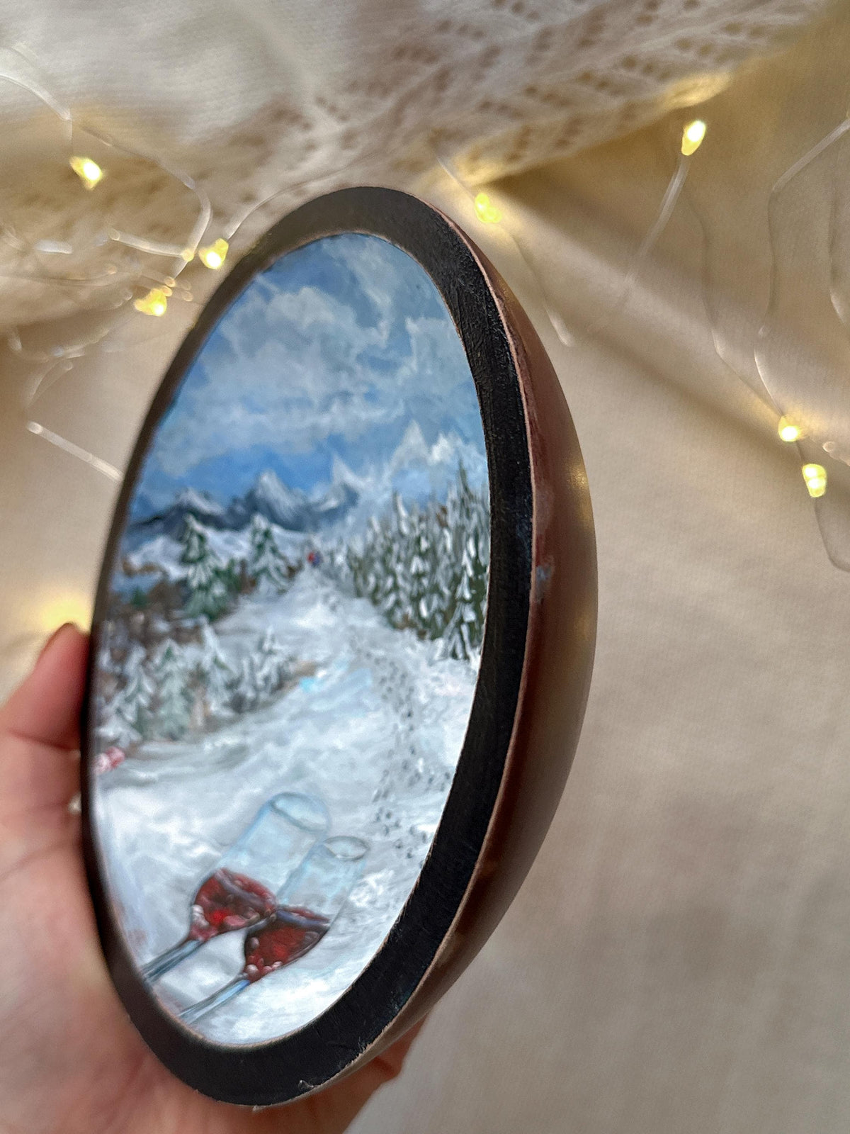 Wooden Ring Dish with Winter Mountain Scene, Christmas Gift for Couples