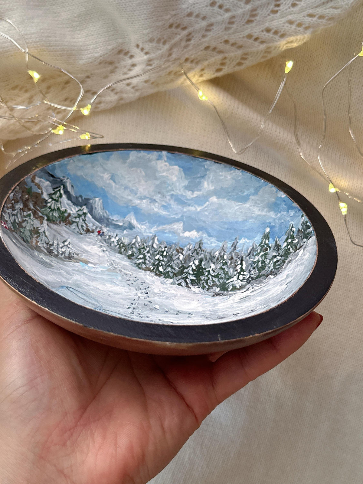 Wooden Ring Dish with Winter Mountain Scene, Christmas Gift for Couples