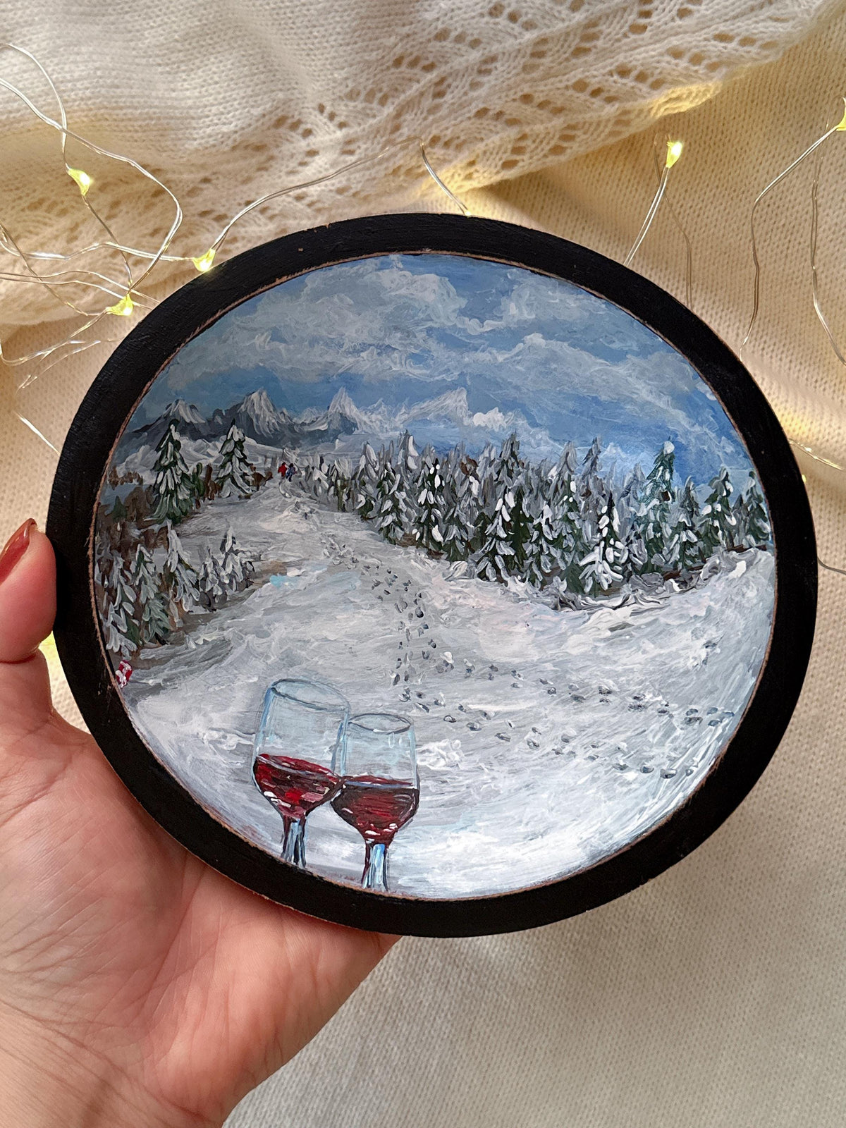Wooden Ring Dish with Winter Mountain Scene, Christmas Gift for Couples