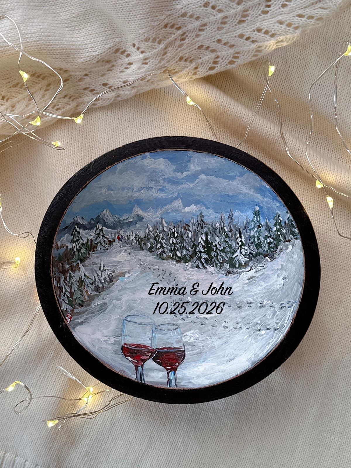Wooden Ring Dish with Winter Mountain Scene, Christmas Gift for Couples