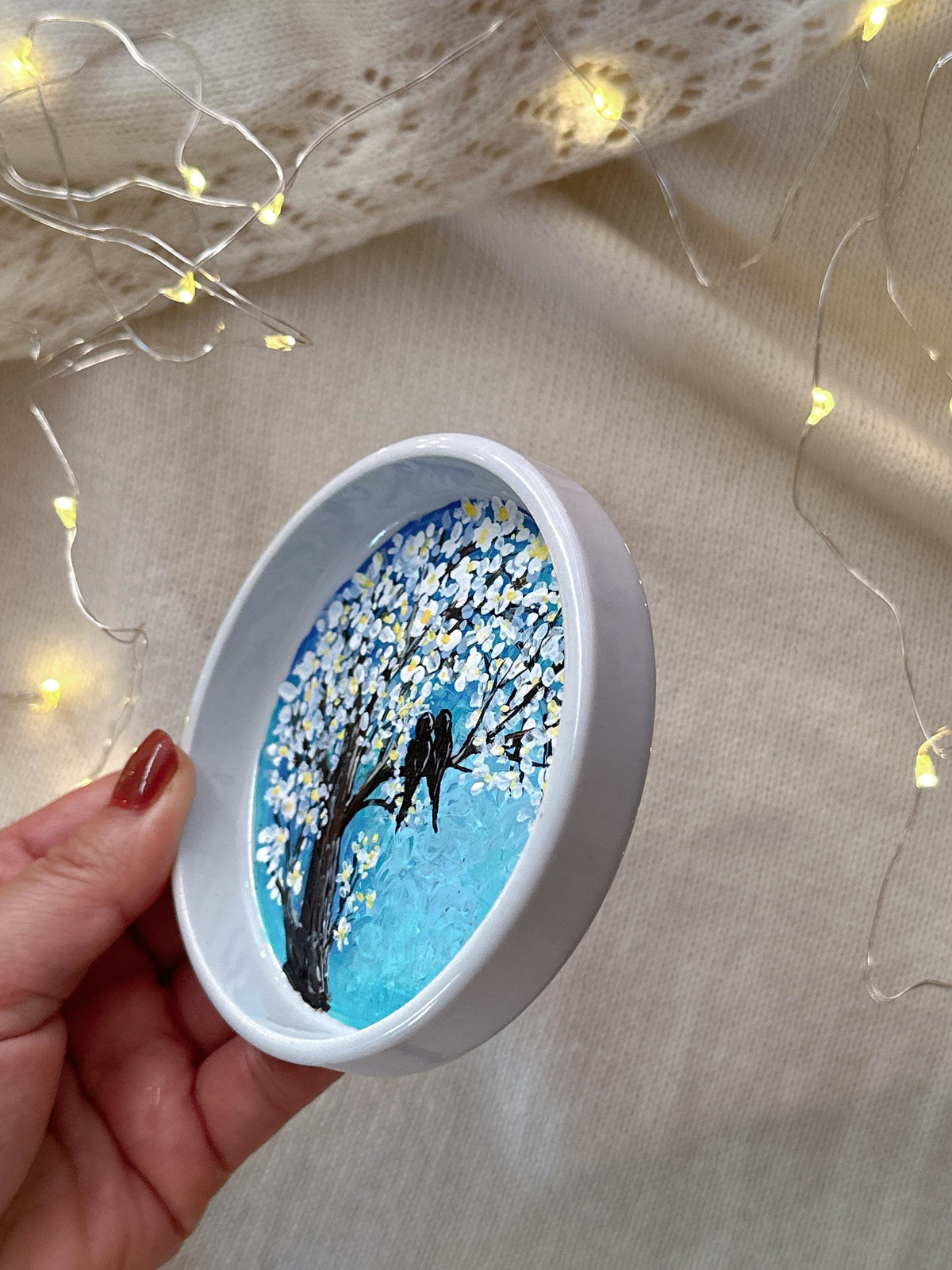 Love Birds Ring Dish with Blue Blossom Tree, Christmas Gift for Couples