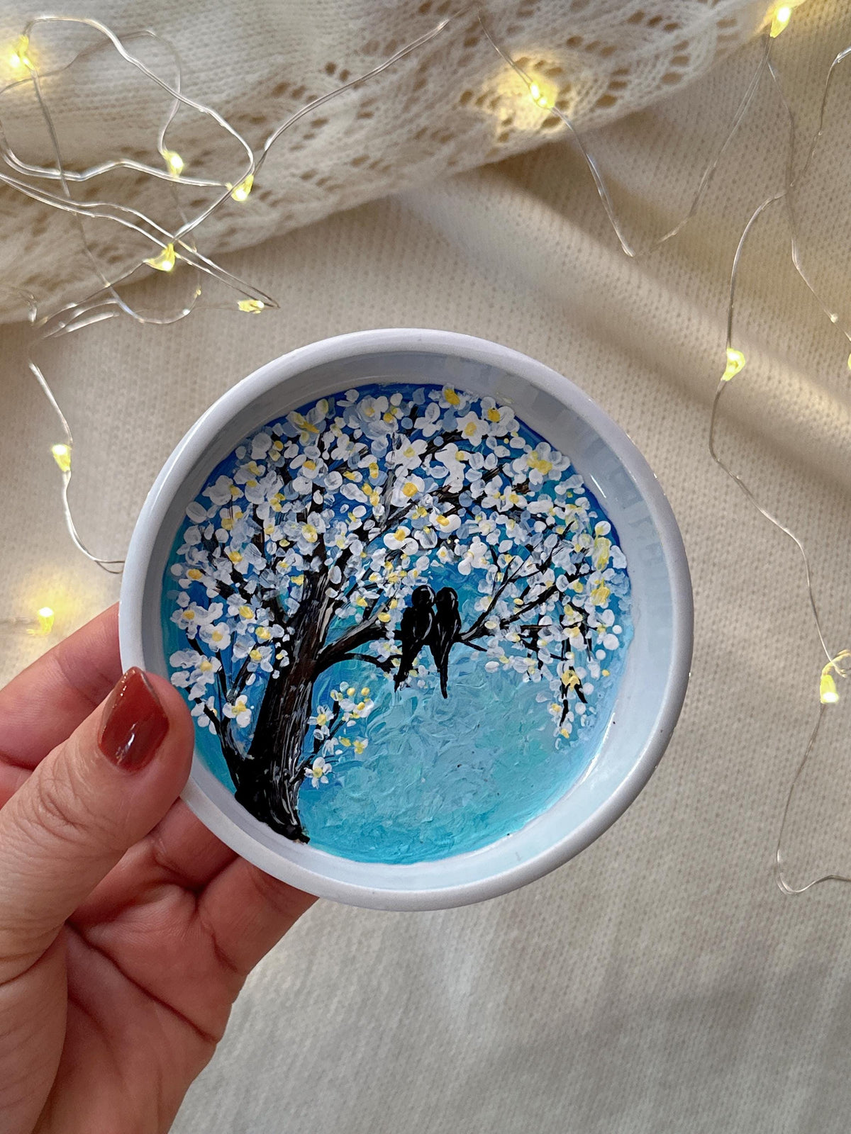 Love Birds Ring Dish with Blue Blossom Tree, Christmas Gift for Couples
