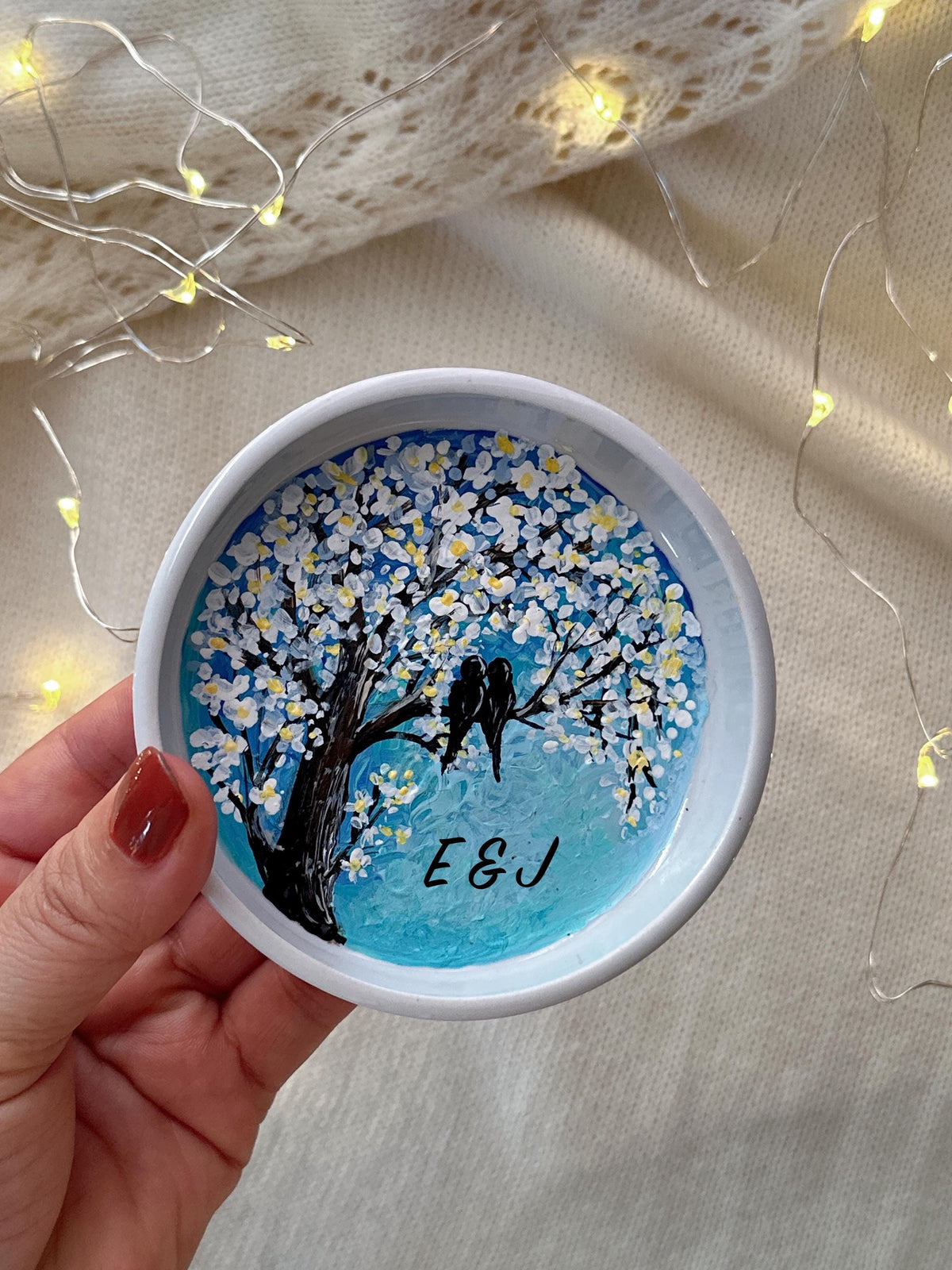 Love Birds Ring Dish with Blue Blossom Tree, Christmas Gift for Couples