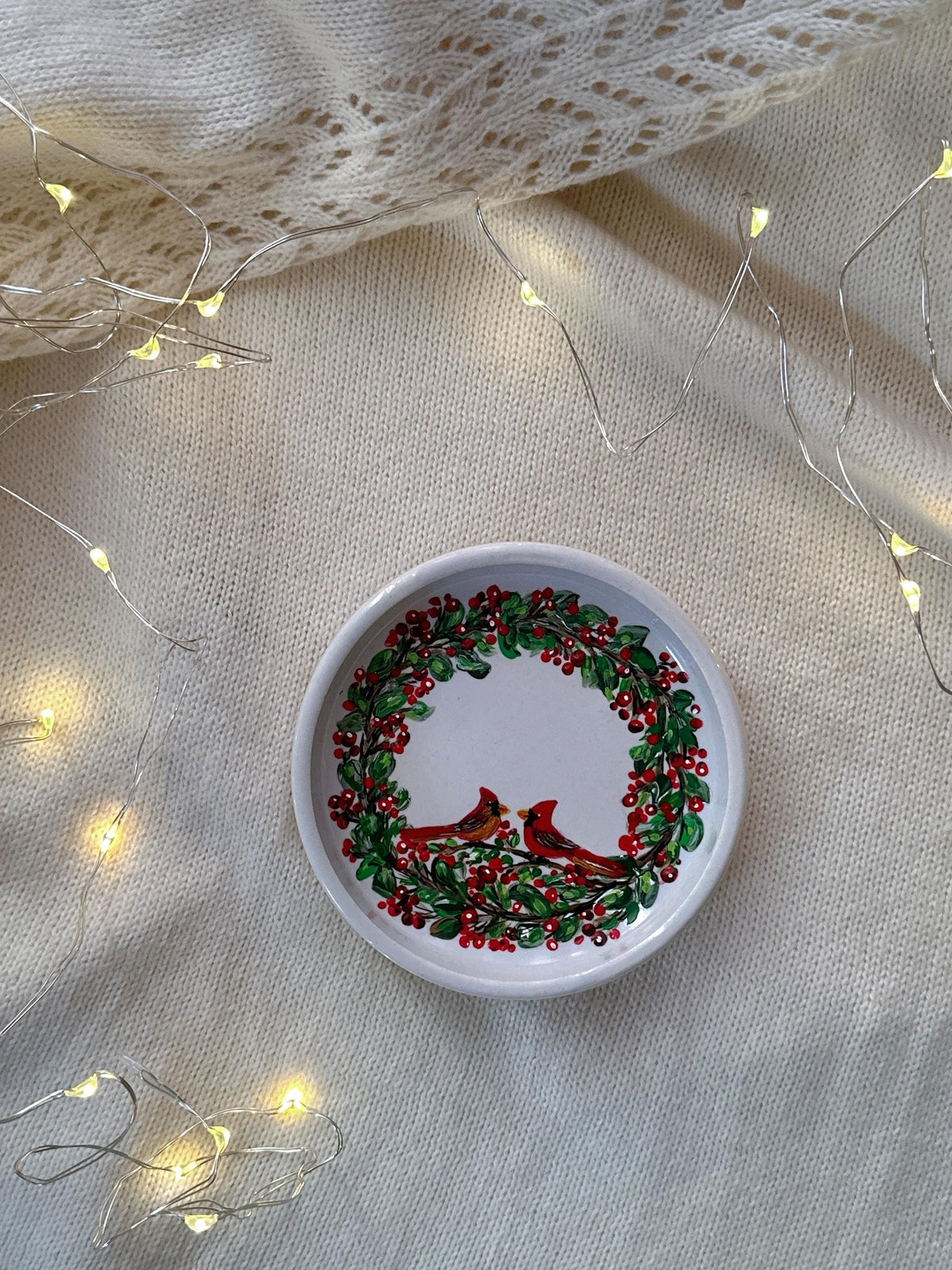 Cardinal Wreath Ring Dish, Christmas Gift for Newlyweds, Names and Date