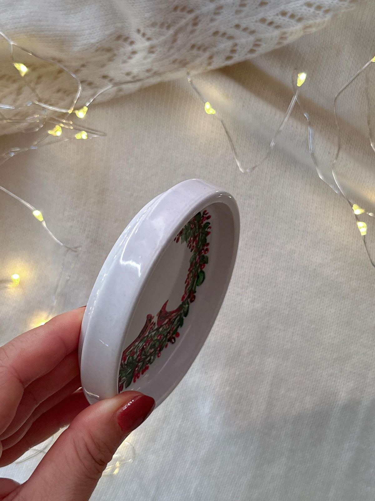 Cardinal Wreath Ring Dish, Christmas Gift for Newlyweds, Names and Date