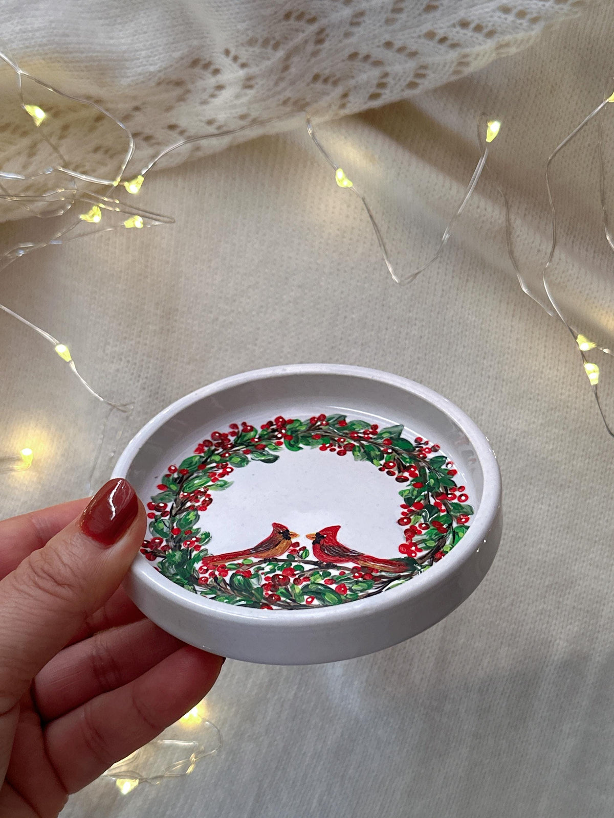 Cardinal Wreath Ring Dish, Christmas Gift for Newlyweds, Names and Date