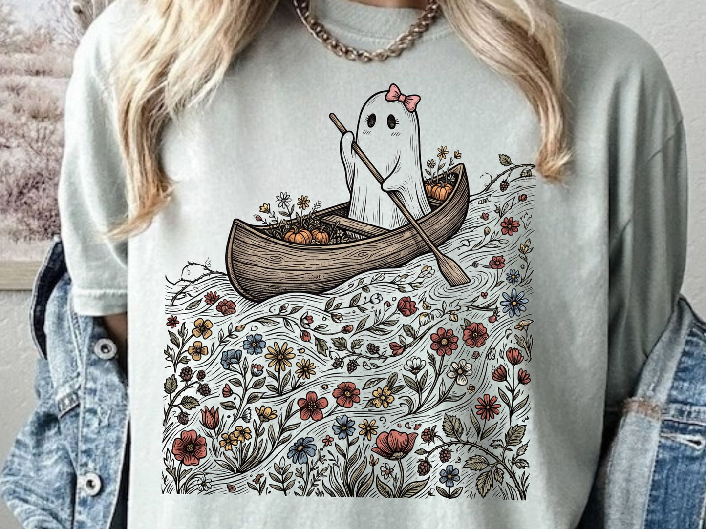 Floral Ghost Canoe T-Shirt | Cottagecore Halloween Tee