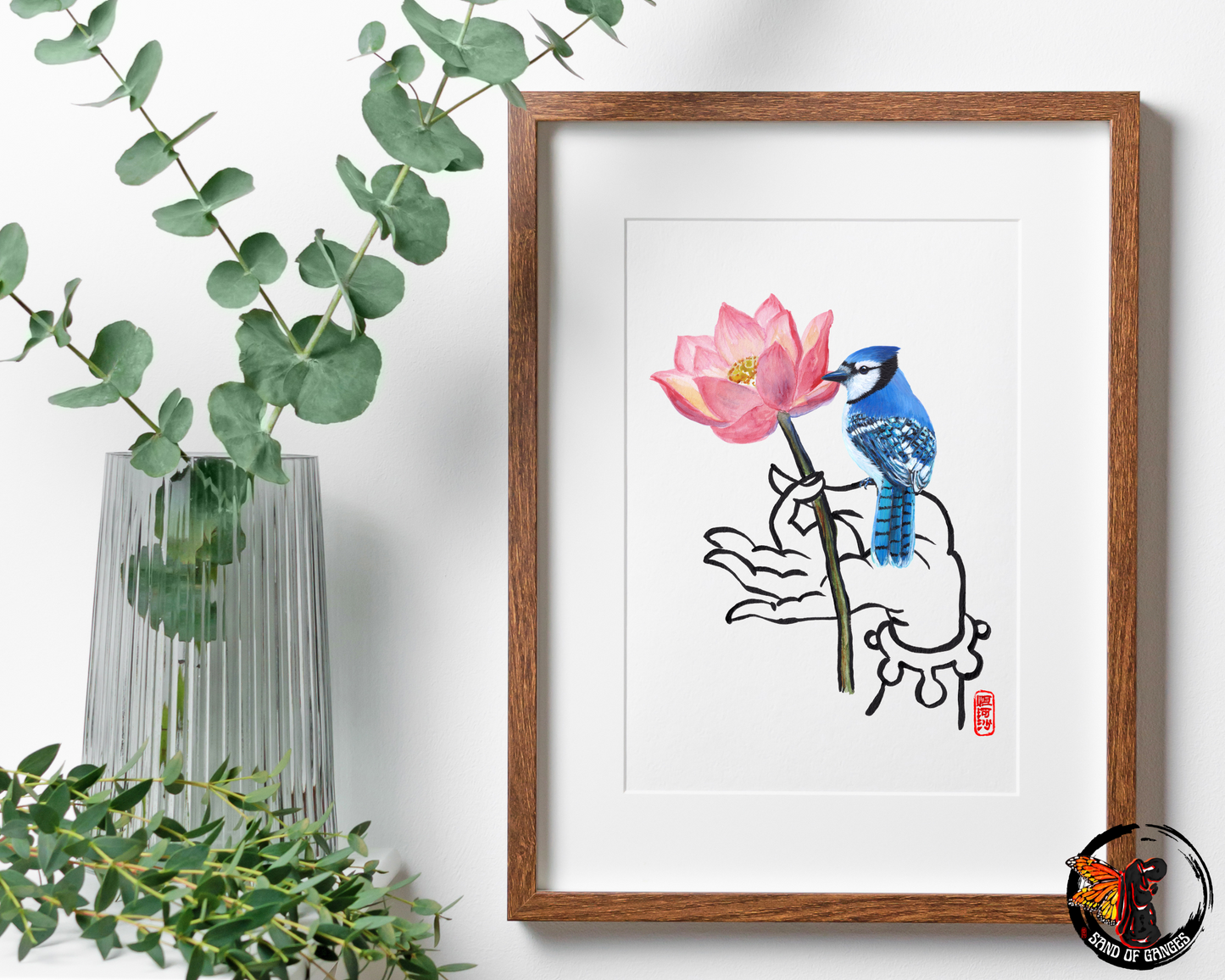 Buddha Hand With Lotus Flower and Blue Jay Print