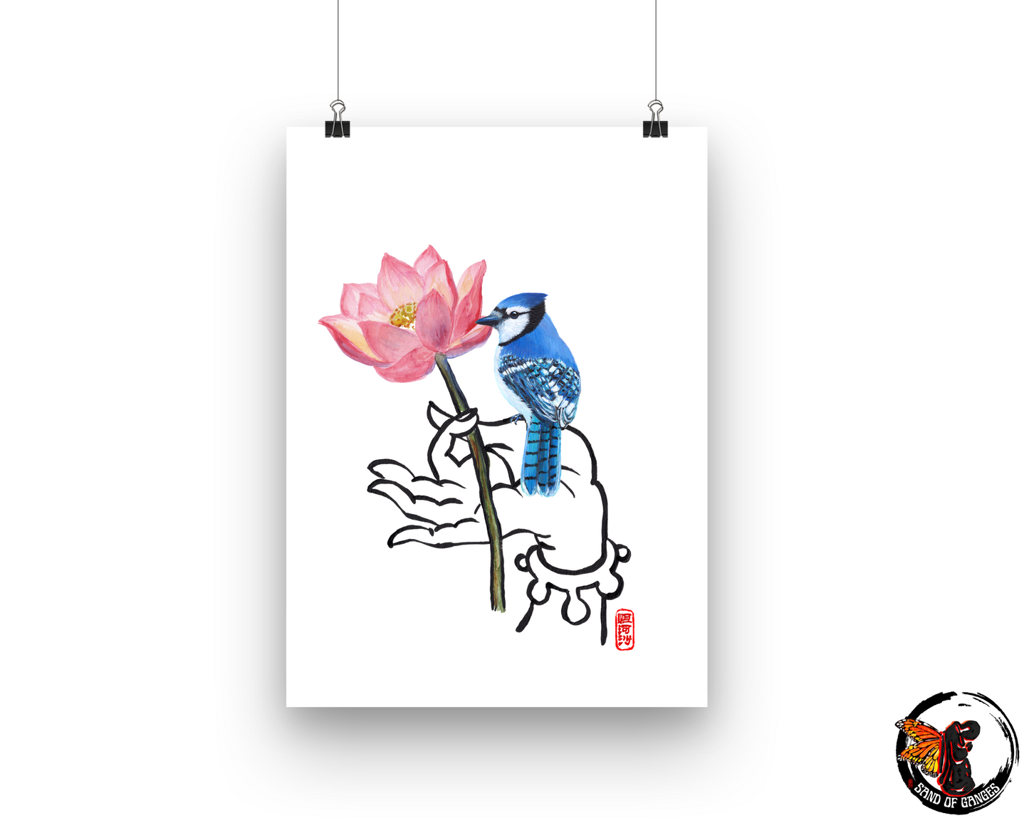 Buddha Hand With Lotus Flower and Blue Jay Print