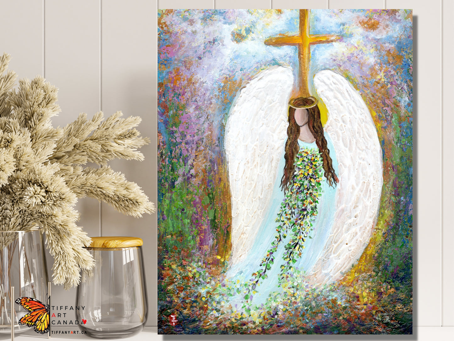 Original Angel and Cross Painting on Canvas