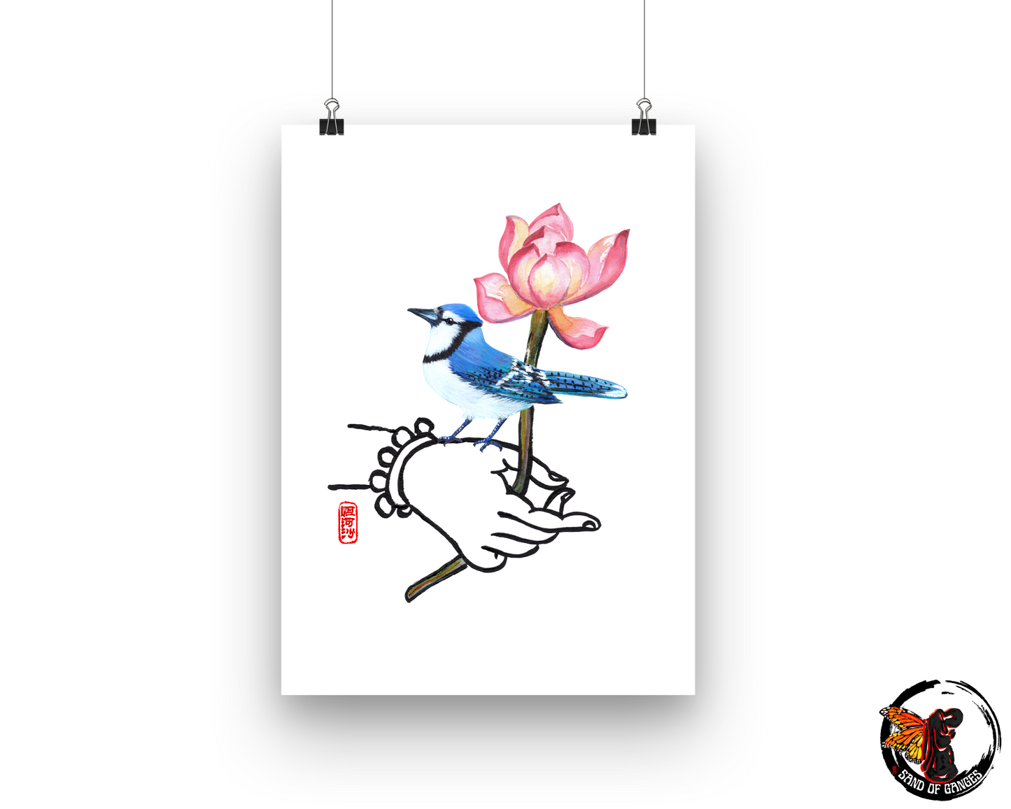 Buddha Hand With Lotus Flower and Blue Jay Print