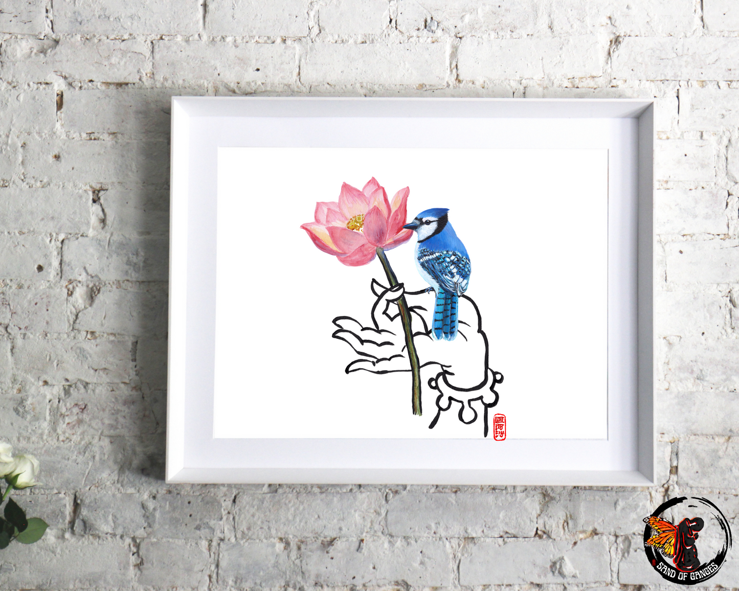 Buddha Hand With Lotus Flower and Blue Jay Print