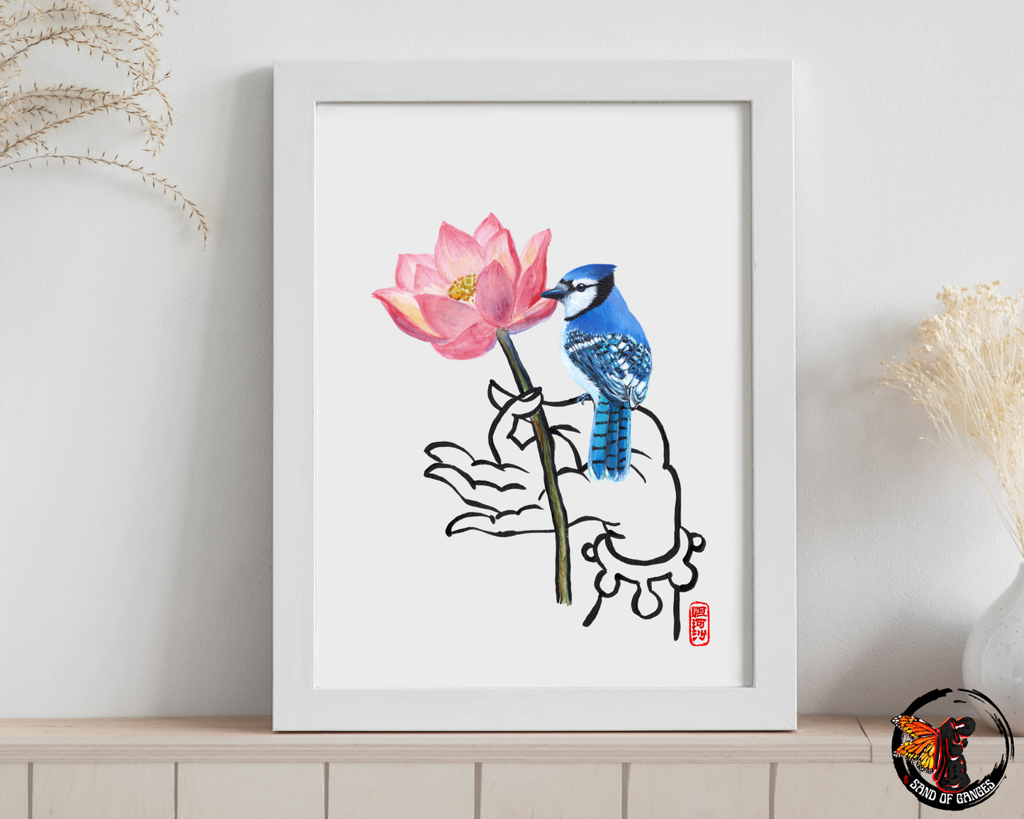 Buddha Hand With Lotus Flower and Blue Jay Print