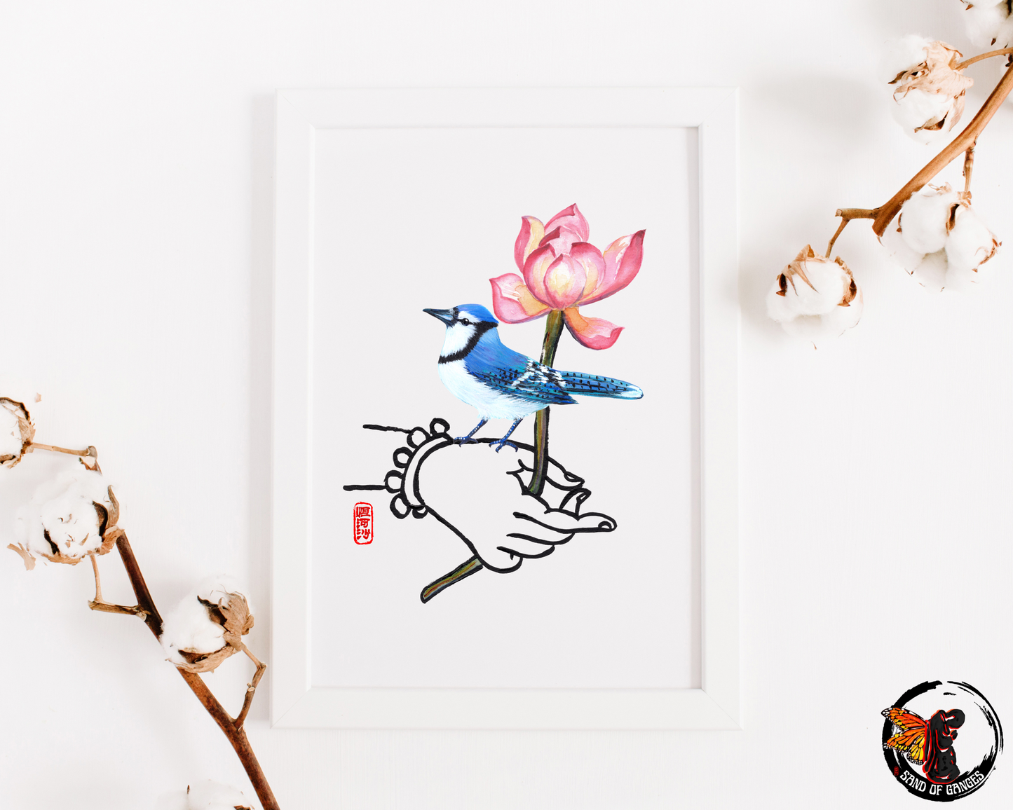 Buddha Hand With Lotus Flower and Blue Jay Print